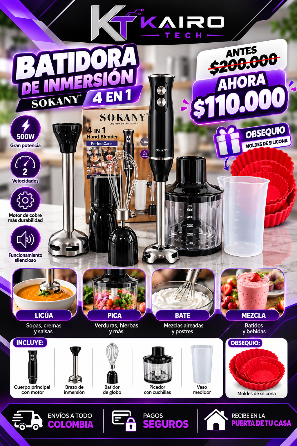 Batidora de inmersión Sokany 4 en 1
