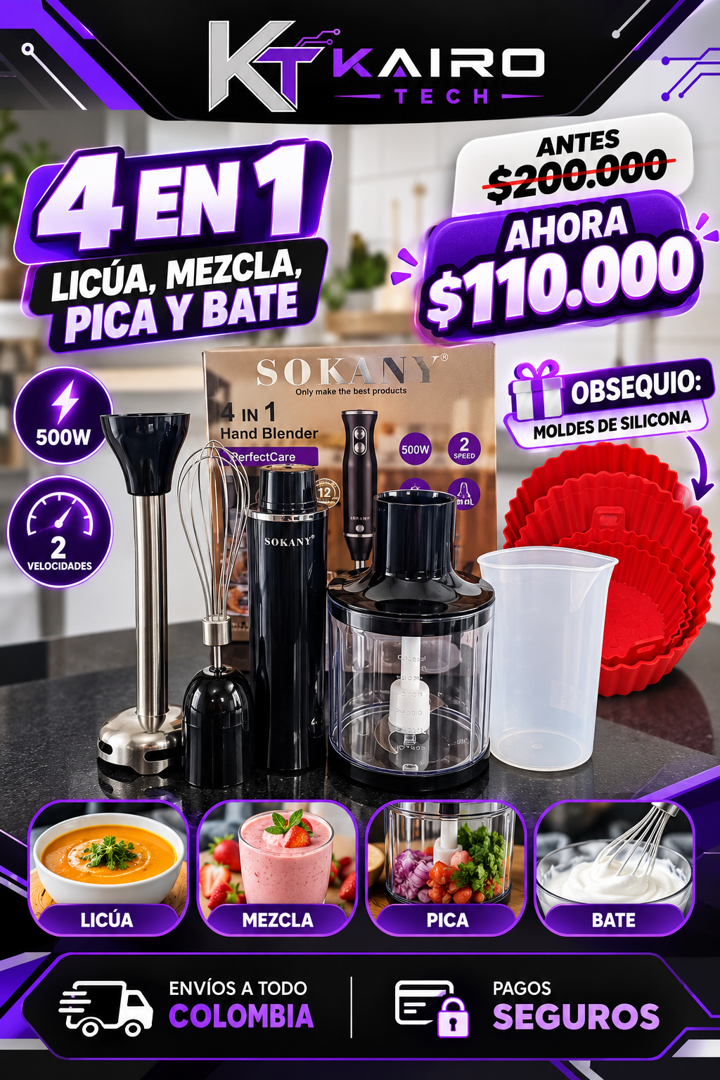 Batidora de inmersión Sokany 4 en 1